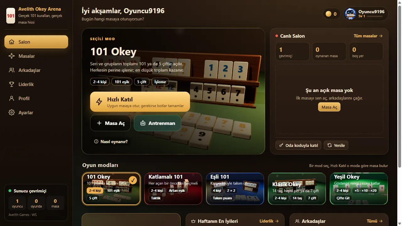 Salon ekranı: seçili mod, Hızlı Katıl ve oyun modları